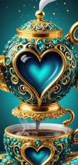 Luxurious gold and teal teapot with heart design.