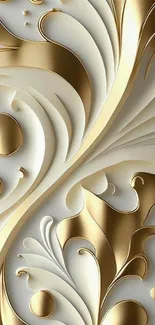 Elegant gold and white wallpaper with swirling abstract patterns.