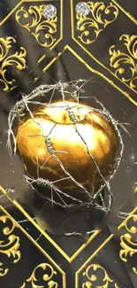 Golden apple with elegant baroque detailing on a wallpaper background.