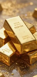 Stacks of gold bars with a shiny background.
