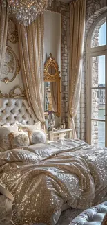 Luxurious gold bedroom with elegant decor and sparkling elements.