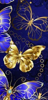 Luxurious gold and blue butterfly wallpaper design.