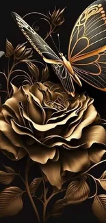 Gold butterfly and rose on black wallpaper.