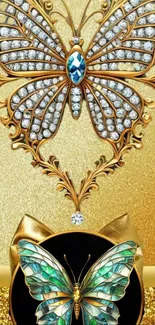 Luxurious gold butterfly design wallpaper with diamond accents.