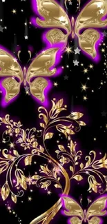 Golden butterflies with purple glow on dark background.