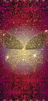 Golden butterfly on purple ornate background wallpaper.