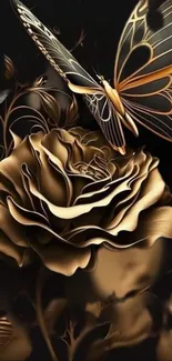 Gold butterfly rests on an elegant golden rose against dark background.