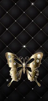 Elegant wallpaper with a gold butterfly and black quilted background.