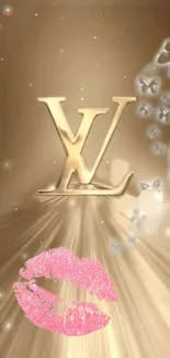 Golden wallpaper with butterflies and pink kiss on mobile screen.