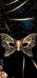 Elegant gold butterfly mask on black background.