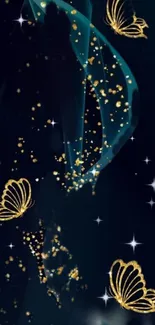 Elegant mobile wallpaper with gold butterflies and stars.