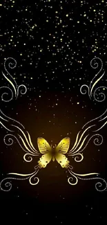 Elegant gold butterfly with swirls on a black background.