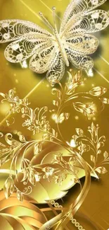 Elegant golden wallpaper with intricate butterfly and floral designs.