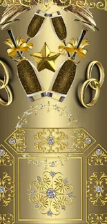 Elegant gold wallpaper with champagne, stars, and ornate designs for mobile phones.