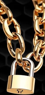 Gold chain with lock on dark background