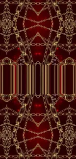 Golden chains patterned on dark red wallpaper.