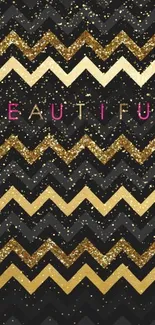 Elegant wallpaper with gold and black chevron design and 'Beautiful' text.