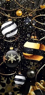 Black and gold Christmas ornaments wallpaper with festive pine details.