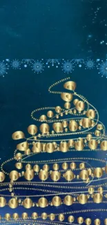 Elegant gold Christmas tree on blue with snowflakes.