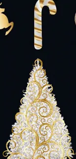 Elegant gold Christmas tree wallpaper with festive ornaments.