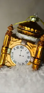 Elegant gold clock with Roman numerals in soft focus.