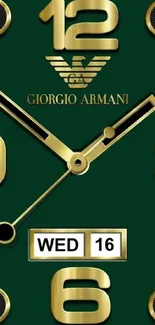 Elegant Armani gold and green clock wallpaper with date display.