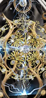 Intricate gold clockwork design on mobile wallpaper.