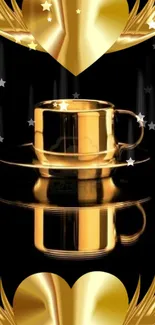 Golden coffee cup with reflective design and star details.