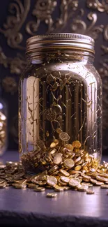 Jar overflowing with gold coins in a luxurious setting.