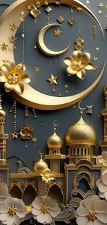 Elegant wallpaper with gold crescent moon and stars design.