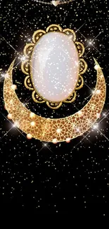 Elegant gold crescent moon with pearls on black background.