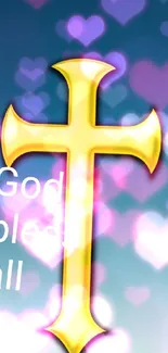 Gold cross with 'God bless all' on blue gradient background.