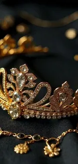An elegant gold crown with sparkling jewels on a dark background.