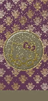 Gold design on purple damask mobile wallpaper.