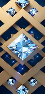 Luxurious gold lattice with diamonds on blue background wallpaper.