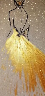 Elegant silhouette with glowing gold dress on canvas.