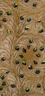 Intricate gold embroidery with green accents wallpaper.