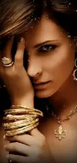 Elegant woman with gold jewelry and black background.