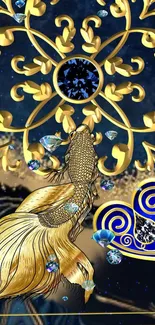 Luxurious gold fish wallpaper with jewels on deep blue background.