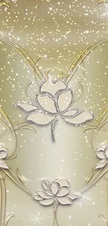 Elegant gold floral wallpaper with subtle sparkles and intricate design.