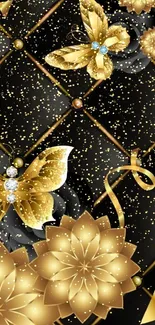 Gold floral and butterfly design on black background wallpaper.