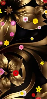 Gold floral design wallpaper on black background.