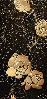 Luxurious gold floral design on black mobile wallpaper.