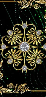 Elegant gold floral motif with diamonds on dark green background.