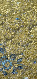 Gold floral wallpaper with blue embroidery details.