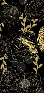 Elegant gold floral and butterfly design on a black background for phone wallpaper.