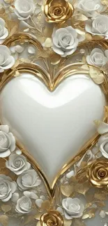 Elegant gold and white floral heart wallpaper with roses.