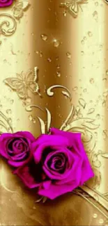 Luxurious golden wallpaper with pink roses.