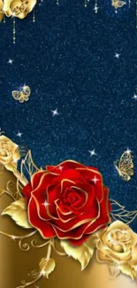 Elegant wallpaper with gold roses and butterflies on a blue background.