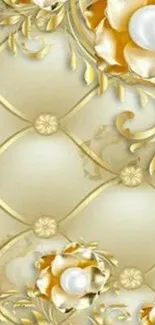 Luxurious gold floral wallpaper with pearls and intricate design elements.
